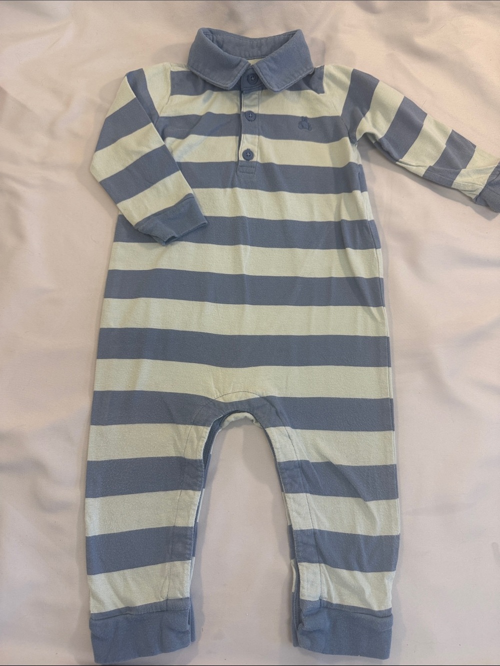 Striped Long-Sleeve Baby One-Piece in Light Blue and Cream